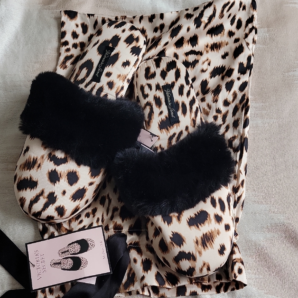 Victoria's Secret Animal Print Slippers with Black Fur